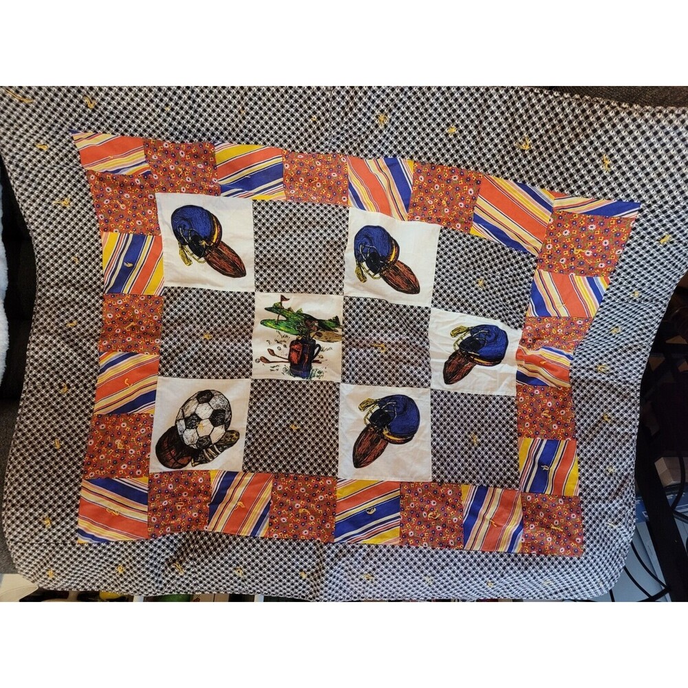 Handmade Vintage Sport Theme Football Golf Baby Blanket Lap Throw Shower Gift